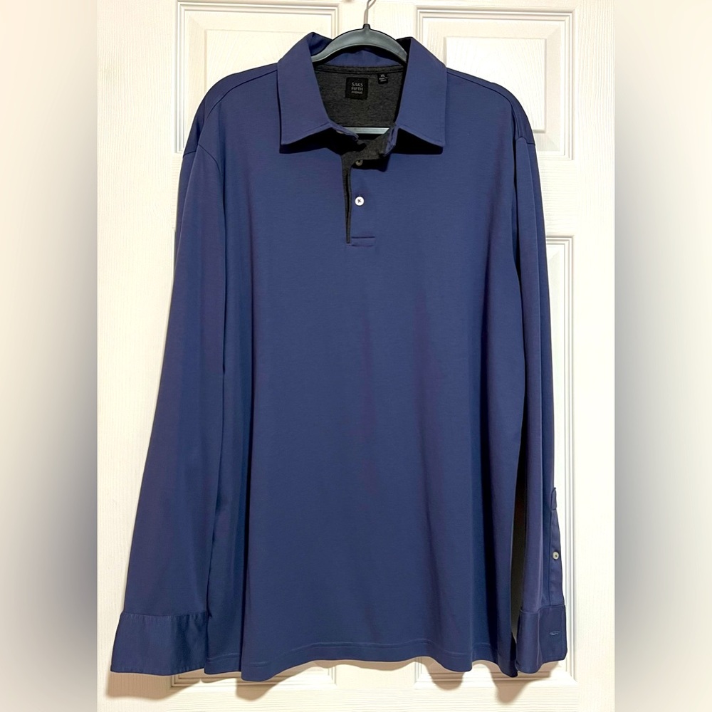 LIKE NEW-SO SOFT Fifth Avenue Heather Blue Gray Long Sleeve Polo Cotton Shirt XL